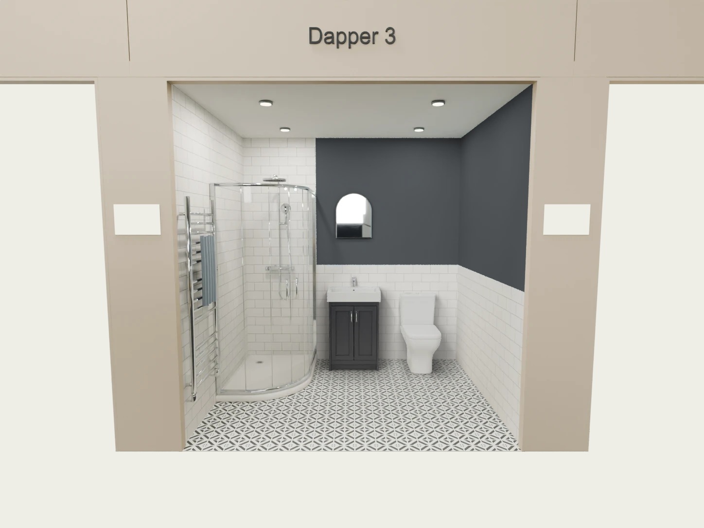 Dapper 3 virtual bathroom display: offset-quadrant shower